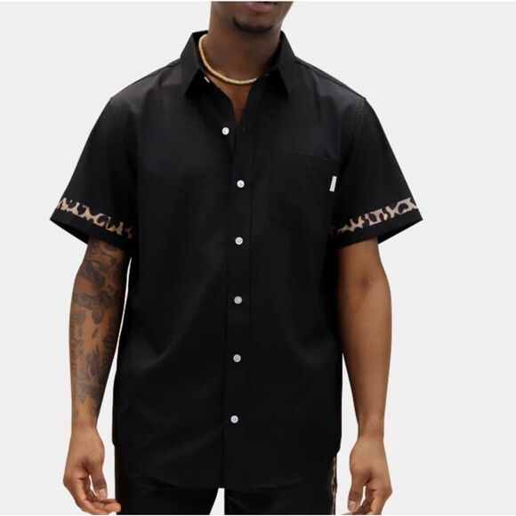 Mavrans Shirt Mens Large Black Camp Button Up Leopard Resort Skater Y2K Bowling - Picture 1 of 7